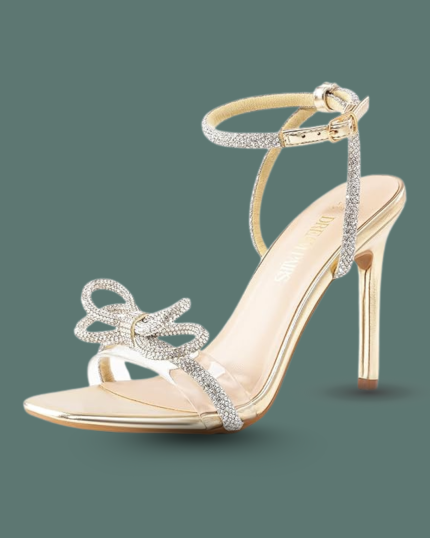 Women’s Double Bow Crystal Sandals – Clear Slingback Stiletto Heels Gold